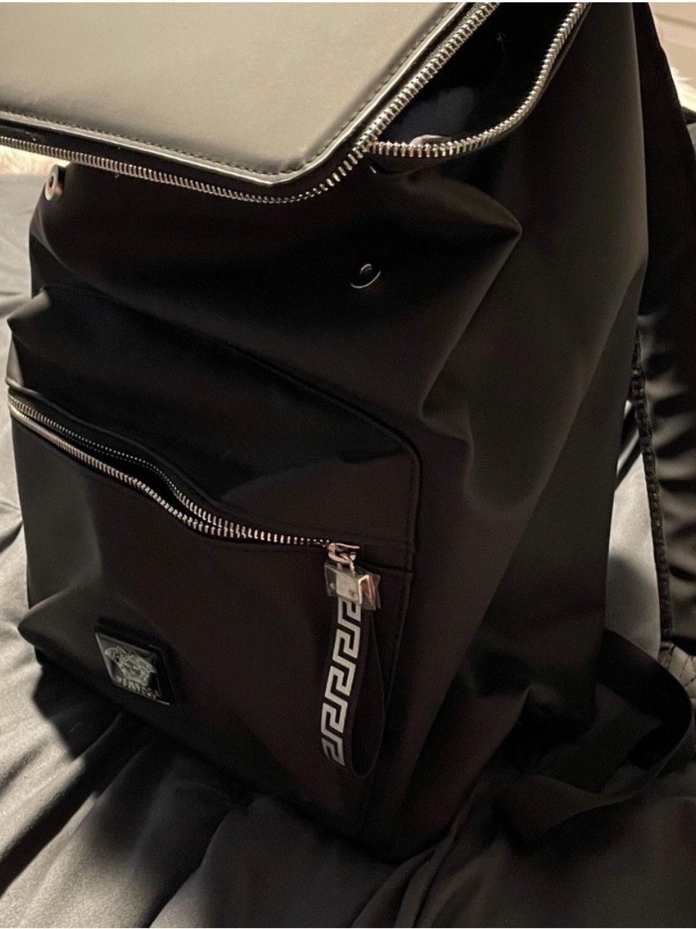 Black Backpack - Versace. Elegant Versace parfums backpack in black.
